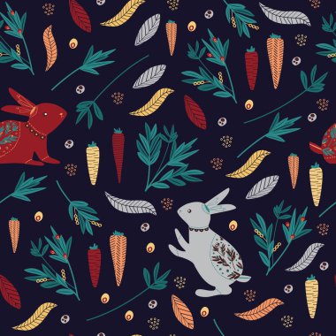 Tavşan, havuç ve yaprakları otantik desen. Vintage, otantik ve süslü desen otantik tarzını olan marka için. Yinelenen desen. Süsleme grafik.