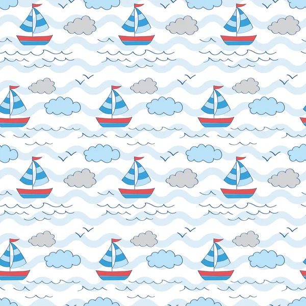 Sailing Boat Sea Wave Cloud Playful Modern Flexible Pattern Brand — Stock Vector