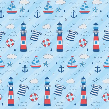 Deniz feneri, tekne, yıldız, çapa, kayan nokta ile deniz çocuk desen. Sevimli ve eğlenceli tarzı olan marka için eğlenceli, modern ve esnek bir şablon. Yinelenen desen. Mutlu, parlak ve deniz ruh hali. Çocuklar için uygun.