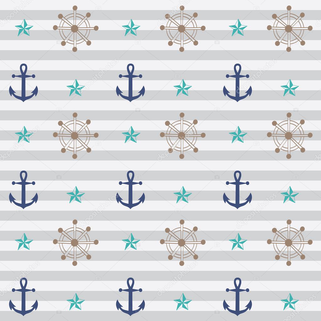 Vintage stripe anchor and shipwheel. A playful, modern, and flexible pattern for brand who has cute and fun style. Repeated pattern. Happy, bright, and nautical mood.