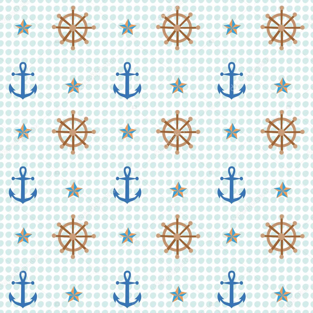 Anchor and shipwheel nautical pattern. A playful, modern, and flexible pattern for brand who has cute and fun style. Repeated pattern. Happy, bright, and nautical mood.
