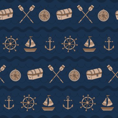 Tekne, göğüs, kürek, pusula yatay vintage dalgası. Olgun ve eğlenceli tarzı olan marka için vintage, modern ve esnek bir şablon. Yinelenen desen. Mutlu, retro ve deniz ruh hali.