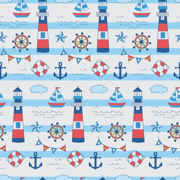 Bande Horizontale Avec Phare Drapeau Ancre Bateau Flotteur Motif Ludique — Image vectorielle