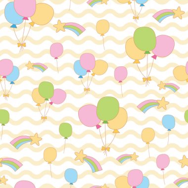 Sevimli balon, gökkuşağı, dalga arka planda yıldız. Sevimli ve eğlenceli tarzı olan marka için eğlenceli, modern ve esnek bir şablon. Yinelenen desen. Mutlu, parlak ve büyülü ruh hali.