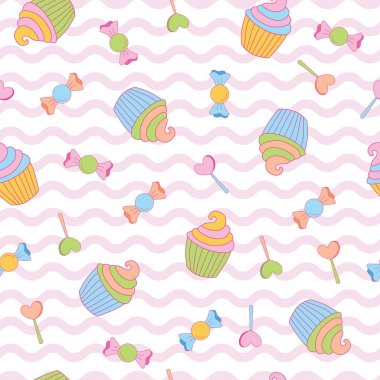 Tatlı tatlı kek, şeker, kalp içinde dalga geçmiş. Sevimli ve eğlenceli tarzı olan marka için eğlenceli, modern ve esnek bir şablon. Yinelenen desen. Mutlu, parlak ve büyülü ruh hali.