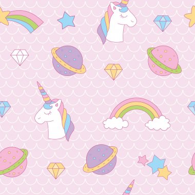 Büyülü pembe tek boynuzlu at, planet, elmas, gökkuşağı, yıldız. Sevimli ve eğlenceli tarzı olan marka için eğlenceli, modern ve esnek bir şablon. Yinelenen desen. Mutlu, parlak ve büyülü ruh hali.