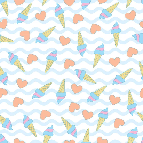 Dulce Helado Lindo Corazón Fondo Onda Patrón Lúdico Moderno Flexible — Vector de stock