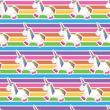 Tek boynuzlu at desen gökkuşağı arka planda. Sevimli ve eğlenceli tarzı olan marka için eğlenceli, modern ve esnek bir şablon. Yinelenen desen. Mutlu, parlak ve büyülü ruh hali. 