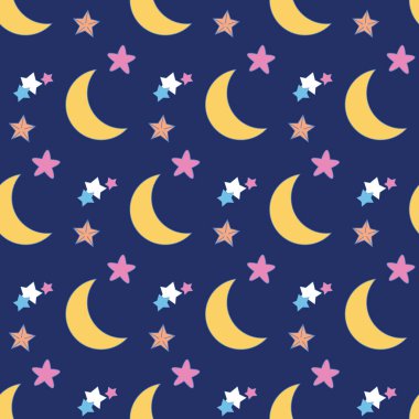 Gece gökyüzünde ay ve yıldız ile. Sevimli ve eğlenceli tarzı olan marka için eğlenceli, modern ve esnek bir şablon. Yinelenen desen. Mutlu, parlak ve büyülü ruh hali.