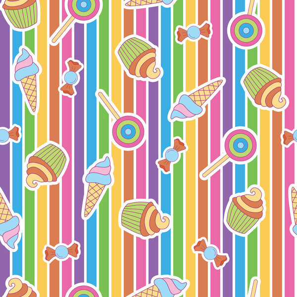 Ice cream, cupcake, candy, lollipop in rainbow background. A playful, modern, and flexible pattern for brand who has cute and fun style. Repeated pattern. Happy, bright, and magical mood.