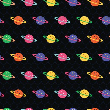 Renkli gezegen siyah atmosferde. Sevimli ve eğlenceli tarzı olan marka için eğlenceli, modern ve esnek bir şablon. Yinelenen desen. Mutlu, parlak ve büyülü ruh hali.