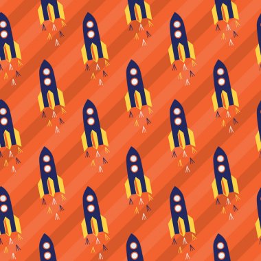 Turuncu gökyüzü roket uçan. Sevimli ve eğlenceli tarzı olan marka için eğlenceli, modern ve esnek bir şablon. Yinelenen desen. Mutlu, parlak ve büyülü ruh hali.