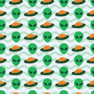 Uzay ufo saldırı gemisi. Sevimli ve eğlenceli tarzı olan marka için eğlenceli, modern ve esnek bir şablon. Yinelenen desen. Mutlu, parlak ve büyülü ruh hali.