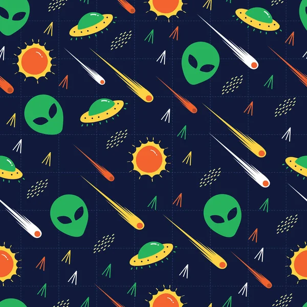 Alien Ufo Comet Invasion Star Wars Playful Modern Flexible Pattern — Stock Vector