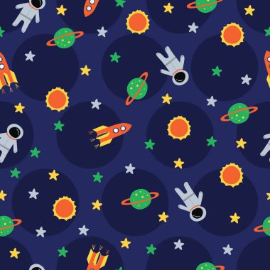 Astronot, güneş, roket, lekeli Donanma gezegeni. Sevimli ve eğlenceli tarzı olan marka için eğlenceli, modern ve esnek bir şablon. Yinelenen desen. Mutlu, parlak ve büyülü ruh hali.