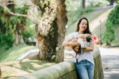 Parkta onun shih tzuh köpek olan bir genç, çekici pan Asya kadın portresi. Onlar ortasında bir yürüyüş ve neşeli ve rahat görünüyorlar.