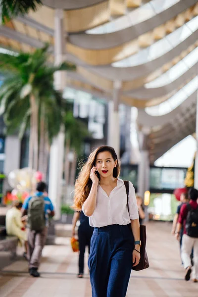 アウトドア街を歩いて若いシンガポール中国アジア女性エグゼクティブの肖像画 彼女は スマートとエレガントな企業着に身を包んだし 歩いています — ストック写真