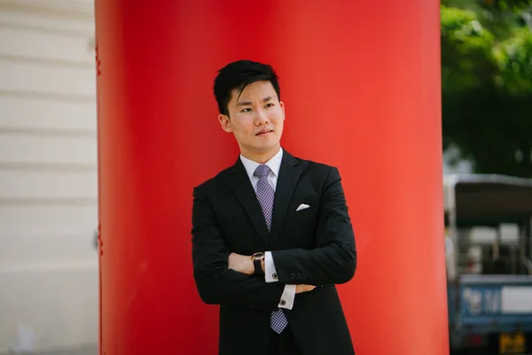 Retrato Joven Hombre Negocios Guapo Vestido Con Traje Formal Corbata — Foto de Stock