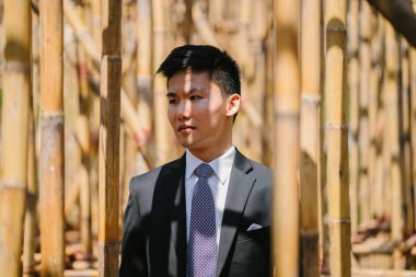 Bir profesyonel koyu takım elbise ve arka plan beyaz gömlek Asya adam portresi. O bir şık cep kare ve hafif görüntüleyiciyi gülümsüyor.