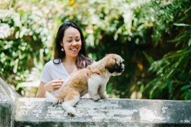Parkta onun shih tzuh köpek olan bir genç, çekici pan Asya kadın portresi. Onlar ortasında bir yürüyüş ve neşeli ve rahat görünüyorlar.