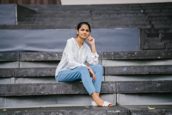 Candid Portrait Smiling Attractive Young Woman Grey Steps Indian Asian — Stock Photo, Image