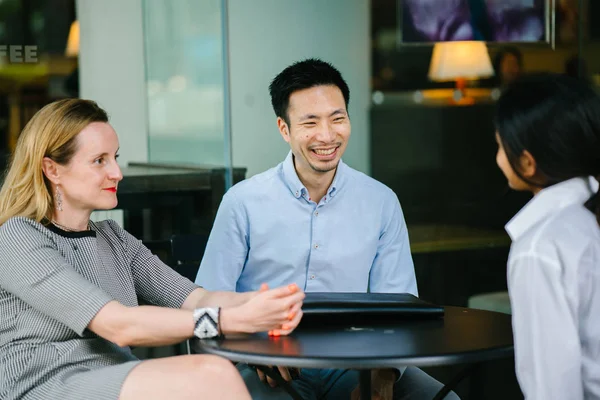 Young Indian Asian Woman Interviewing Job Speaking Diverse Interview Panel — Stock Photo, Image