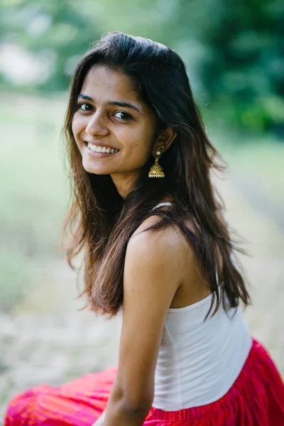 Portrait Attractive Young Indian Asian Woman Sitting Steps Park Day — Stock Photo, Image