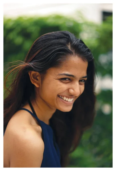 Young Attractive Indian Woman Elegant Blue Dress Walks Street City — Stock Photo, Image