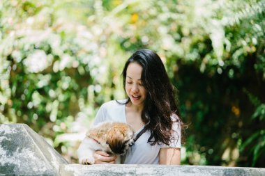 Parkta onun shih tzuh köpek olan bir genç, çekici pan Asya kadın portresi. Onlar ortasında bir yürüyüş ve neşeli ve rahat görünüyorlar.