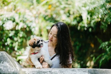 Parkta onun shih tzuh köpek olan bir genç, çekici pan Asya kadın portresi. Onlar ortasında bir yürüyüş ve neşeli ve rahat görünüyorlar.