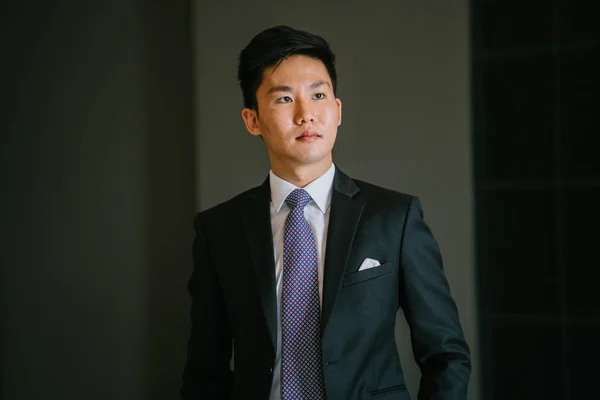 Porträt Eines Asiatischen Mannes Einem Professionellen Dunklen Anzug Und Weißem — Stockfoto