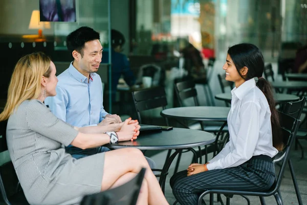 Young Indian Asian Woman Interviewing Job Speaking Diverse Interview Panel — Stock Photo, Image