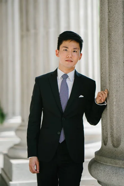 Portret Przystojny Młody Biznesmen Ubrany Oficjalne Garnitur Krawat Wygląda Silny — Zdjęcie stockowe