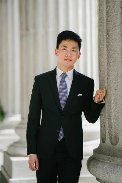 Retrato Joven Hombre Negocios Guapo Vestido Con Traje Formal Corbata — Foto de Stock