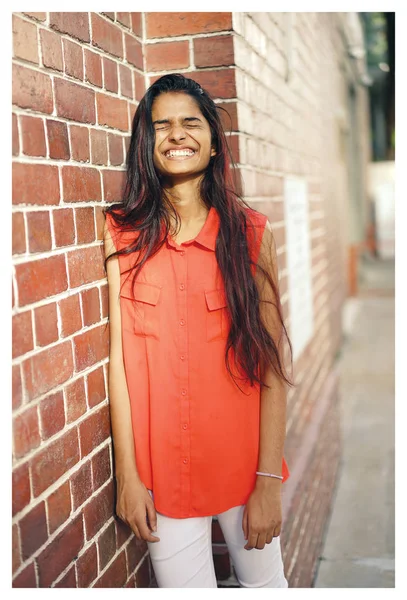 Portrait Young Attractive Indian Asian Woman Standing Infront Brick Wall — Stock Photo, Image