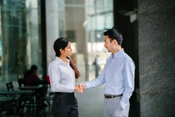 Two professional businesspeople shake hands in an office in the city. An Indian woman shakes hands with a Chinese man in agreement and they are both smiling and professionally dressed.