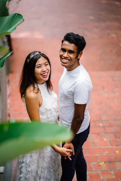 Mixed Race Asian Couple Different Ethnicities Religions Take Photographs Park — Stock Photo, Image