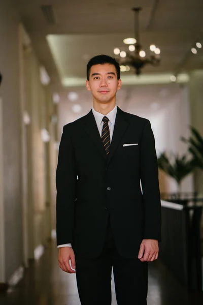 Portrait Handsome Confident Young Asian Man Smiling Camera Dark Suit — Stock Photo, Image