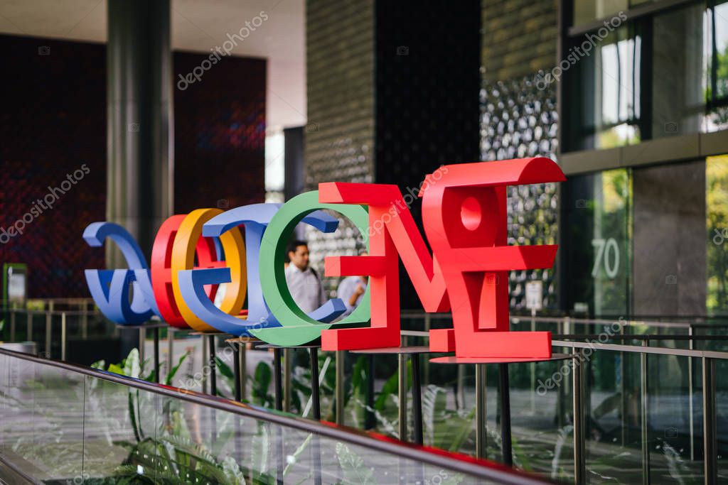 Singapore, March 2018: A photograph of the Google logo int he lobby of Google's new campus and office in Singapore, which is regional HQ.