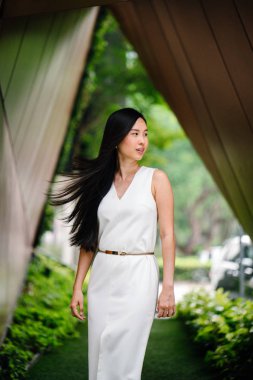 Bir gün genç, çok Çinli profesyonel kadın portresi. O rahat bir şekilde gülümsüyor ve liderlik, güven ve iyimserlik projelendirme.