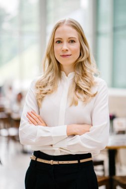 Profesyonel portre Singapur Asya çalışma Caucaasian kadın gurbetçi kafa vurdu. Onun 30 's, çekici, sarışın ve güzel bir ofiste net Beyaz gömlekli orta yaşlı.