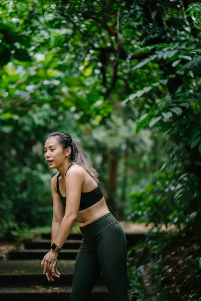 Joven China Asiática Estiramiento Antes Fin Semana Entrenamiento Ella Está — Foto de Stock