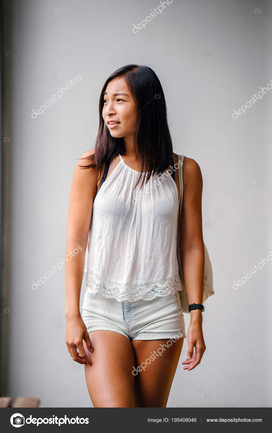 Portrait Cute Athletic Tanned Asian Chinese Girl Walking Street Grey ⬇ 