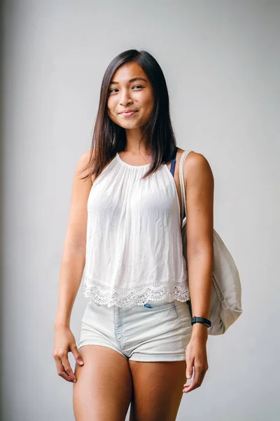 Studio Portrait Cute Athletic Tanned Chinese Asian Woman She Smiling — Stock Photo, Image