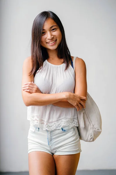 Studio Portrait Cute Athletic Tanned Chinese Asian Woman She Smiling — Stock Photo, Image