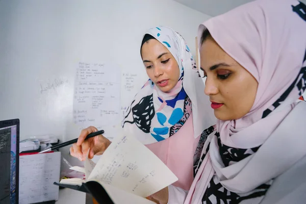 两位年轻而富有活力的穆斯林妇女正在举行商业战略会议 讨论他们的业务 他们在网上销售穆斯林时尚和零售商店 — 图库照片