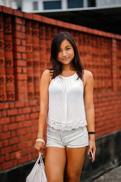 Portrait Young Attractive Singaporean Chinese Asian Woman Phone Standing Street — Stock Photo, Image