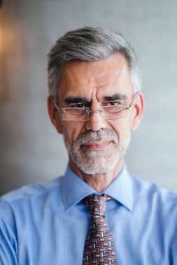 takım elbise ve gözlük duvar arka plan üzerinde giyen üst düzey işadamı portresi