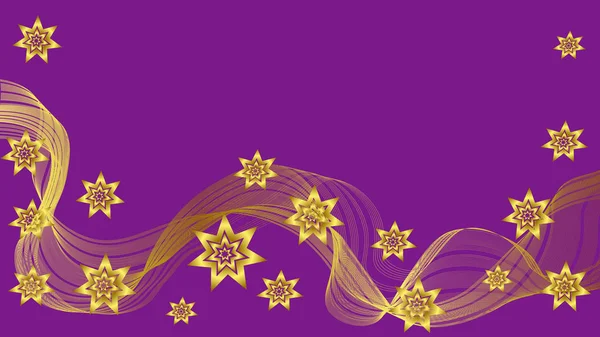 Beatiful purple background with gold wave and stars — Stock Vector