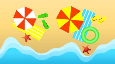 Plajda şemsiye ve şezlong, yüzmek yüzük, SLI ile Üstten Görünüm